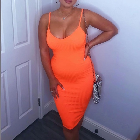 Orange Rib Knit Plunge Neck Bodycon Cami Dress - Picture 3 of 5